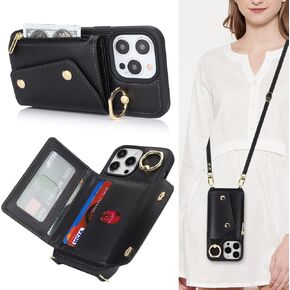 for iPhone 14 Case with Card Holder and Strap - Zipper Pocket,Crossbody Lanyard Strap,Credit Card Holder,Stand Ring,Cute Phone Wallet Case for Women(Black,6.1 Inch)