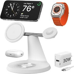 Charging Station for Apple Multiple Devices, for MagSafe Charger Stand, Wireless Charger for MagSafe 3 in 1 for iPhone 16 15 14 13 12 Series, Apple Watch, AirPods Pro/3/2 (30W Adapter Included)