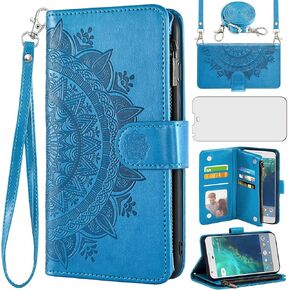 Asuwish Phone Case for Google Pixel XL Wallet Cell Cover with Screen Protector Lanyard Wrist Strap Mandala Flower Flip Zipper Card Holder Slot Stand Pixle 1 XL One Pixel1 1XL 2016 Women Girls Pink