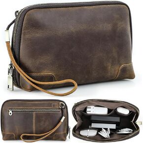Electronic Organizer Zipper Bag Tech Kit, Top Grain Leather Handmade, Portable Compact Travel Apple Accessories Storage Pouch Fits Phone, USB Cables, Power Banks, Chargers, Hard Drive