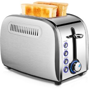 Toaster 2 Slices, Stainless Steel JEWJIO Retro Toaster with 1.5" Extra Wide Slot for 6 Bread Shades Setting/Bagel/Defrost/Reheat/Cancel Function/Removable Crumb Tray 800W, Classic Silver