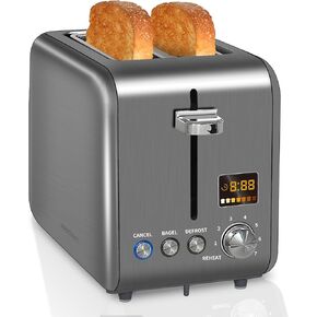 SEEDEEM Toaster 2 Slice, Stainless Steel Bread Toaster LCD Display, 7 Bread Shade Settings, 1.4'' Wide Slots Toaster Bagel/Defrost/Reheat Functions, Removable Crumb Tray, 900W, Dark Metallic