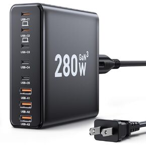 280W USB C Charger Block, 8-Port USB C Charging Station GaN III PD 65W Laptop Charger Adapter Compatible with MacBookPro/Air,DELL,iPad,Portable Charging Station for iPhone,Samsung Galaxy (Black)