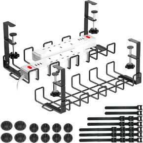 Spacecare Under Desk Cable Management Tray, Cable Management Under Desk for Cord Organizer,15.7" No Drill Wire Organizer Cable Management Tray, Cable Tray Organizer with Clamp for Desk, Black 2 Pack