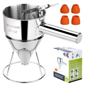 Stainless Steel Pancake Batter Dispenser with Squeeze Handle, Durable, Heatable in Water Bath, Upgraded with Multi-Caliber, for Pancakes, Cupcake, Donut, Takoyaki, Waffle or Baked Goods. 40 oz