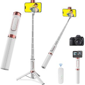 Selfie Stick Tripod, Foldable Cellphone Tripod with Remote, Travel Tripod for iPhone Series Android, Video Recording - Pink