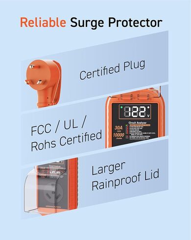 RV Surge Protector with Smart LED Display, 30 amp 10000 Joules RV Circuit Analyzer - Camper Surge Protector with Waterproof Cover, RV Adapter Plug for Campers，Travel Trailers (30A) in Saudi Arabia