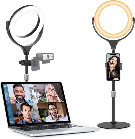 حلقة إضاءة مع حامل لتسجيل مؤتمرات الفيديو والكمبيوتر المحمول والمكتب، حلقة إضاءة سيلفي من Evershop مع حامل معدني قابل للتعديل وحامل هاتف لاجتماعات التكبير ومكالمات الفيديو والبث المباشر وTiktok/YouTube in Saudi Arabia