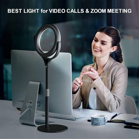 حلقة إضاءة مع حامل لتسجيل مؤتمرات الفيديو والكمبيوتر المحمول والمكتب، حلقة إضاءة سيلفي من Evershop مع حامل معدني قابل للتعديل وحامل هاتف لاجتماعات التكبير ومكالمات الفيديو والبث المباشر وTiktok/YouTube in Saudi Arabia