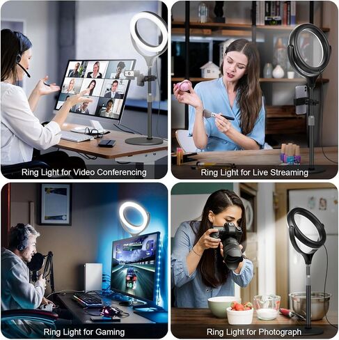 حلقة إضاءة مع حامل لتسجيل مؤتمرات الفيديو والكمبيوتر المحمول والمكتب، حلقة إضاءة سيلفي من Evershop مع حامل معدني قابل للتعديل وحامل هاتف لاجتماعات التكبير ومكالمات الفيديو والبث المباشر وTiktok/YouTube in Saudi Arabia