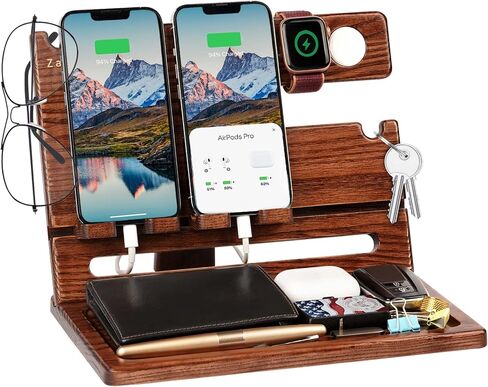 Gifts for Dad Christmas Xmas from Daughter Son, Wood Phone Docking Station with Drawer Nightstand Organizer for Men, Anniversary Birthday Gift Ideas for Husband Him from Wife Stocking Stuffers in Saudi Arabia