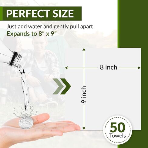 Compressed Towel Tablets - 50 Pack of Compressed Coin Towels 8" x 9" - Disposable Face Towel Wipes - Perfect for Camping, Traveling & Hiking in Saudi Arabia