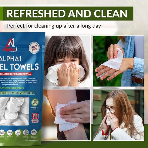Compressed Towel Tablets - 50 Pack of Compressed Coin Towels 8" x 9" - Disposable Face Towel Wipes - Perfect for Camping, Traveling & Hiking in Saudi Arabia