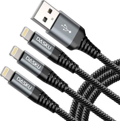 Dasku Lightning Cable 3ft 3Pack Nylon Braided Heavy Duty iPhone Charger Cord Black Compatible with 14/13 / 12/11 Pro Max/X/Xs Max/Xr /8 Plus/ 7 6S Plus 6 Plus/iPad Mini/Air in Kuwait
