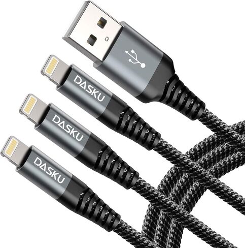 Dasku Lightning Cable 3ft 3Pack Nylon Braided Heavy Duty iPhone Charger Cord Black Compatible with 14/13 / 12/11 Pro Max/X/Xs Max/Xr /8 Plus/ 7 6S Plus 6 Plus/iPad Mini/Air in Kuwait