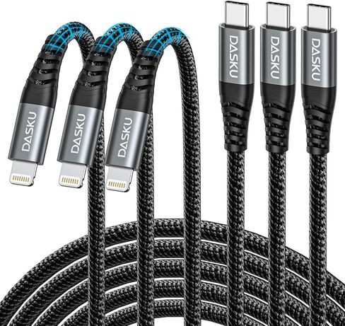 Dasku Lightning Cable 3ft 3Pack Nylon Braided Heavy Duty iPhone Charger Cord Black Compatible with 14/13 / 12/11 Pro Max/X/Xs Max/Xr /8 Plus/ 7 6S Plus 6 Plus/iPad Mini/Air in Kuwait