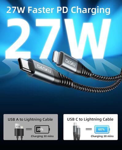 Dasku Lightning Cable 3ft 3Pack Nylon Braided Heavy Duty iPhone Charger Cord Black Compatible with 14/13 / 12/11 Pro Max/X/Xs Max/Xr /8 Plus/ 7 6S Plus 6 Plus/iPad Mini/Air in Kuwait