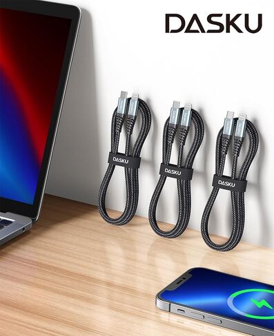 Dasku Lightning Cable 3ft 3Pack Nylon Braided Heavy Duty iPhone Charger Cord Black Compatible with 14/13 / 12/11 Pro Max/X/Xs Max/Xr /8 Plus/ 7 6S Plus 6 Plus/iPad Mini/Air in Kuwait