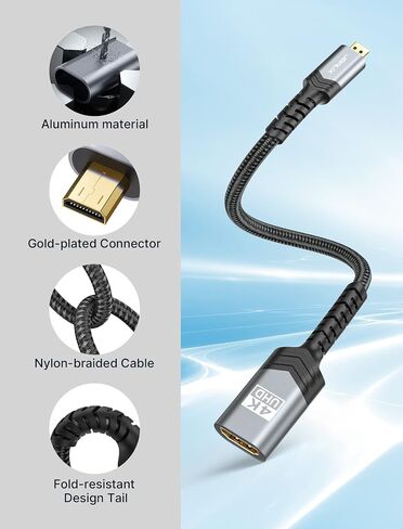 JSAUX Micro HDMI to HDMI Adapter, Micro HDMI Male to HDMI Female Adapter Cable, 4K@60Hz HDR 3D Dolby 18Gbps, Compatible for Nikon Zfc/GoPro Hero/Raspberry Pi 4/Sony A6000 and Other Action Camera-Grey in Saudi Arabia