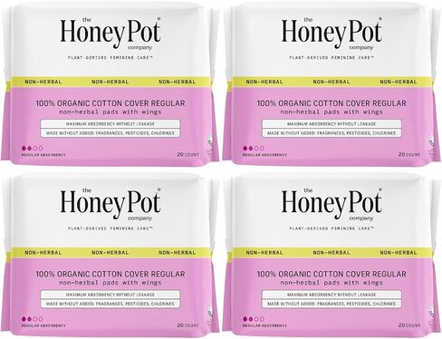 The Honey Pot Company - Non-Herbal Regular Flow Pads with Wings - Organic Pads for Women - Cotton Cover, & Ultra-Absorbent Pulp Core - Feminine Care - 20 ct in Kuwait