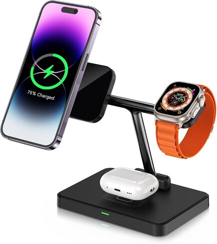 3 in 1 Wireless Charger for MagSafe, Foldable Charging Station for Multiple Apple Devices, Compatible with iPhone 16/15/14/13/12, Apple Watch, AirPods Pro/4/3/2 (Cable and Adapter Included) Black in Saudi Arabia