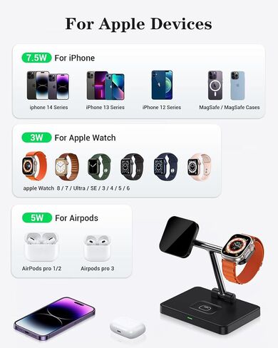 3 in 1 Wireless Charger for MagSafe, Foldable Charging Station for Multiple Apple Devices, Compatible with iPhone 16/15/14/13/12, Apple Watch, AirPods Pro/4/3/2 (Cable and Adapter Included) Black in Saudi Arabia