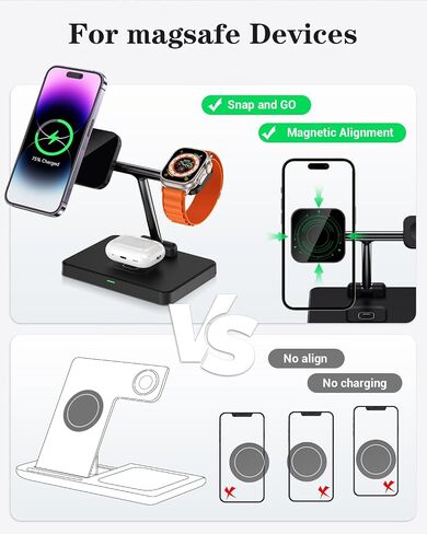3 in 1 Wireless Charger for MagSafe, Foldable Charging Station for Multiple Apple Devices, Compatible with iPhone 16/15/14/13/12, Apple Watch, AirPods Pro/4/3/2 (Cable and Adapter Included) Black in Saudi Arabia