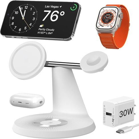 محطة شحن لأجهزة Apple المتعددة، لحامل شاحن MagSafe، شاحن لاسلكي لـ MagSafe 3 في 1 لسلسلة iPhone 16 15 14 13 12، وساعة Apple، وAirPods Pro/3/2 (يتضمن محول 30 وات) in Kuwait