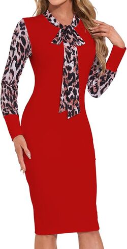 Women's Business Colorblock Bodycon Pencil Dress Elegant Long Sleeve Tie Neck Plaid Sheath Dress Church Office Workwear Dress(191Burgundy,Medium) in Kuwait
