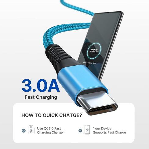 كابل USB C بطول 10 أقدام 3 عبوات شحن سريع من النايلون المضفر طويل من النوع C كابل شاحن لهاتف Samsung Galaxy S24 S23 S22 S21 S10 S9 S8 A02s A03s A11 A12 A13 A14 A21 A22 A32 A42 A53، الكمبيوتر اللوحي، LG، Moto، TCL in Kuwait