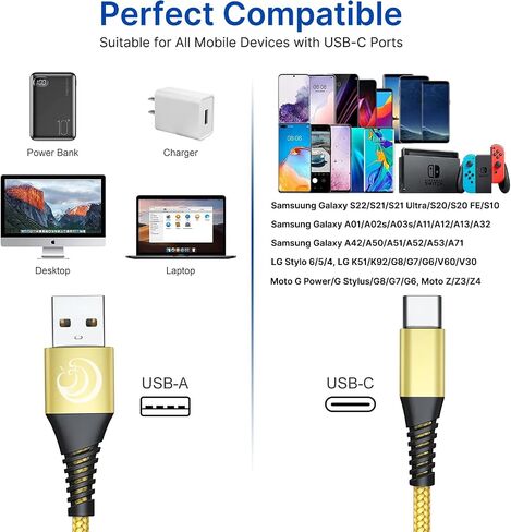 كابل USB C بطول 10 أقدام 3 عبوات شحن سريع من النايلون المضفر طويل من النوع C كابل شاحن لهاتف Samsung Galaxy S24 S23 S22 S21 S10 S9 S8 A02s A03s A11 A12 A13 A14 A21 A22 A32 A42 A53، الكمبيوتر اللوحي، LG، Moto، TCL in Kuwait