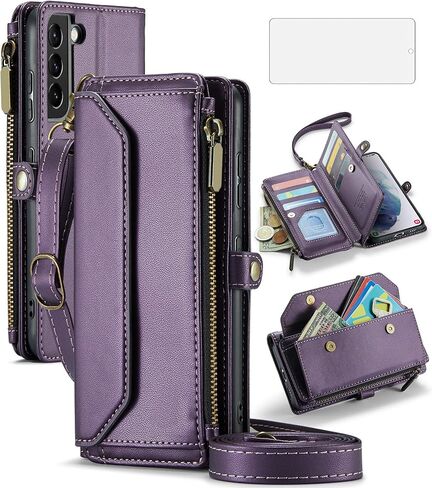 Asuwish Phone Case for Samsung Galaxy S21 Plus S21+ 5G Zipper Wallet Cover with Tempered Glass Screen Protector and Flip RFID Blocking Card Holder Cell S21+5G S21plus 21S + S 21 21+ G5 Women Purple in Saudi Arabia