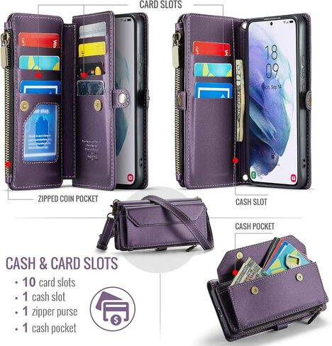 Asuwish Phone Case for Samsung Galaxy S21 Plus S21+ 5G Zipper Wallet Cover with Tempered Glass Screen Protector and Flip RFID Blocking Card Holder Cell S21+5G S21plus 21S + S 21 21+ G5 Women Purple in Saudi Arabia