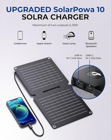 شاحن لوحة شمسية BigBlue 10W ETFE مع USB-A وUSB-C، شاحن الهاتف الشمسي المحمول SolarPowa 10 مع مسند للتخييم، مقاوم للماء IP65، متوافق مع iPhone13/X/8، الكمبيوتر اللوحي، Samsung، LG، إلخ in Kuwait