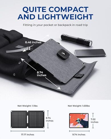 شاحن لوحة شمسية BigBlue 10W ETFE مع USB-A وUSB-C، شاحن الهاتف الشمسي المحمول SolarPowa 10 مع مسند للتخييم، مقاوم للماء IP65، متوافق مع iPhone13/X/8، الكمبيوتر اللوحي، Samsung، LG، إلخ in Kuwait