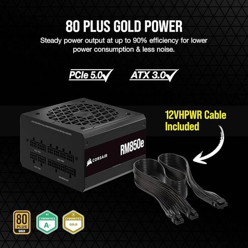 Corsair RM850e (2023) Fully Modular Low-Noise Power Supply - ATX 3.0 & PCIe 5.0 Compliant - 105°C-Rated Capacitors - 80 Plus Gold Efficiency - Modern Standby Support - Black (Renewed) in Kuwait