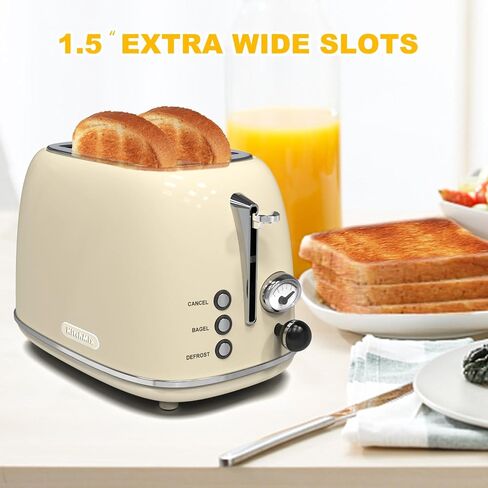 Toaster 2 slice, KitchMix Retro Stainless Steel Toaster with 6 Settings, 1.5 In Extra Wide Slots, Bagel/Defrost/Cancel Function, Removable Crumb Tray (Cream) in Kuwait