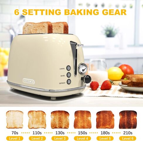 Toaster 2 slice, KitchMix Retro Stainless Steel Toaster with 6 Settings, 1.5 In Extra Wide Slots, Bagel/Defrost/Cancel Function, Removable Crumb Tray (Cream) in Kuwait