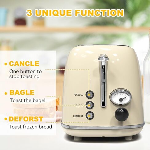 Toaster 2 slice, KitchMix Retro Stainless Steel Toaster with 6 Settings, 1.5 In Extra Wide Slots, Bagel/Defrost/Cancel Function, Removable Crumb Tray (Cream) in Kuwait