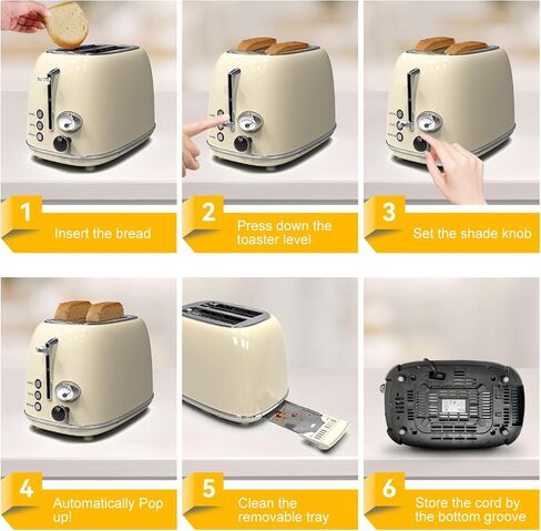 Toaster 2 slice, KitchMix Retro Stainless Steel Toaster with 6 Settings, 1.5 In Extra Wide Slots, Bagel/Defrost/Cancel Function, Removable Crumb Tray (Cream) in Kuwait
