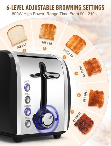 Toaster 2 Slices, Stainless Steel JEWJIO Retro Toaster with 1.5" Extra Wide Slot for 6 Bread Shades Setting/Bagel/Defrost/Reheat/Cancel Function/Removable Crumb Tray 800W, Classic Silver in Kuwait