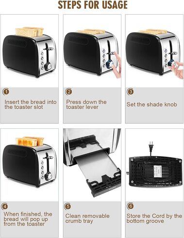 Toaster 2 Slices, Stainless Steel JEWJIO Retro Toaster with 1.5" Extra Wide Slot for 6 Bread Shades Setting/Bagel/Defrost/Reheat/Cancel Function/Removable Crumb Tray 800W, Classic Silver in Kuwait