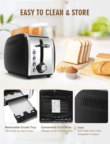 Toaster 2 Slices, Stainless Steel JEWJIO Retro Toaster with 1.5" Extra Wide Slot for 6 Bread Shades Setting/Bagel/Defrost/Reheat/Cancel Function/Removable Crumb Tray 800W, Classic Silver in Kuwait