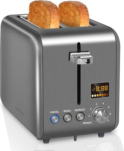 SEEDEEM Toaster 2 Slice, Stainless Steel Bread Toaster LCD Display, 7 Bread Shade Settings, 1.4'' Wide Slots Toaster Bagel/Defrost/Reheat Functions, Removable Crumb Tray, 900W, Dark Metallic in Saudi Arabia