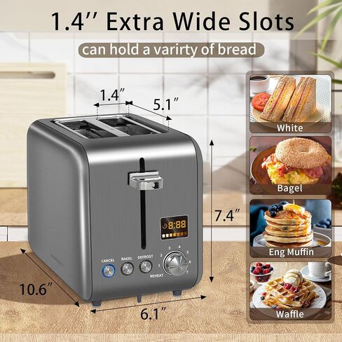 SEEDEEM Toaster 2 Slice, Stainless Steel Bread Toaster LCD Display, 7 Bread Shade Settings, 1.4'' Wide Slots Toaster Bagel/Defrost/Reheat Functions, Removable Crumb Tray, 900W, Dark Metallic in Saudi Arabia
