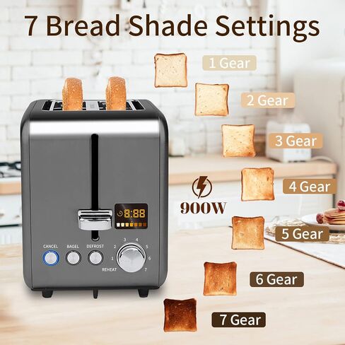 SEEDEEM Toaster 2 Slice, Stainless Steel Bread Toaster LCD Display, 7 Bread Shade Settings, 1.4'' Wide Slots Toaster Bagel/Defrost/Reheat Functions, Removable Crumb Tray, 900W, Dark Metallic in Saudi Arabia