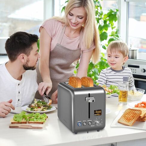 SEEDEEM Toaster 2 Slice, Stainless Steel Bread Toaster LCD Display, 7 Bread Shade Settings, 1.4'' Wide Slots Toaster Bagel/Defrost/Reheat Functions, Removable Crumb Tray, 900W, Dark Metallic in Saudi Arabia