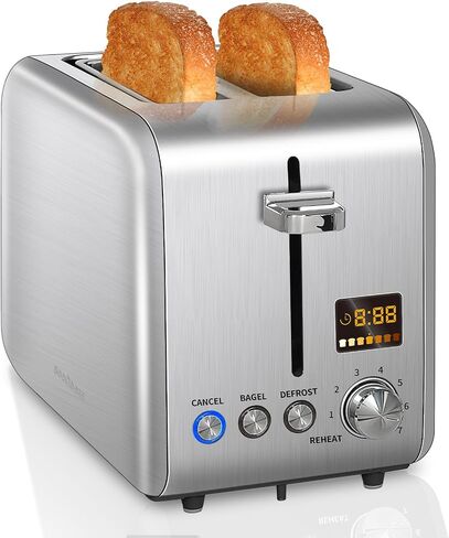 SEEDEEM Toaster 2 Slice, Stainless Steel Bread Toaster LCD Display, 7 Bread Shade Settings, 1.4'' Wide Slots Toaster Bagel/Defrost/Reheat Functions, Removable Crumb Tray, 900W, Dark Metallic in Saudi Arabia
