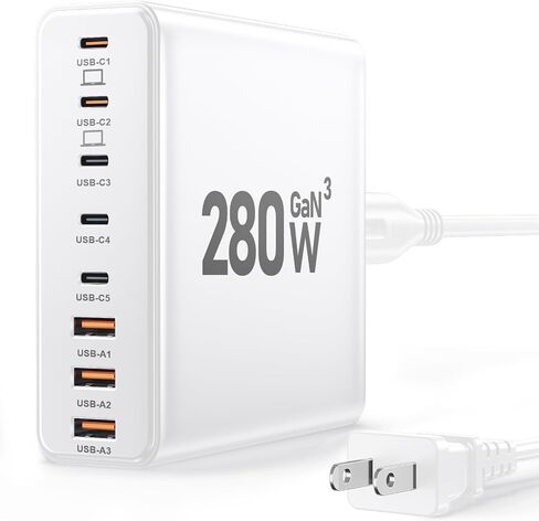 كتلة شاحن USB C بقدرة 280 وات، محطة شحن USB C بـ 8 منافذ GaN III PD 65 وات محول شاحن كمبيوتر محمول متوافق مع MacBookPro/Air، DELL، iPad، محطة شحن محمولة لهواتف iPhone وSamsung Galaxy (أسود) in Kuwait
