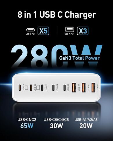 كتلة شاحن USB C بقدرة 280 وات، محطة شحن USB C بـ 8 منافذ GaN III PD 65 وات محول شاحن كمبيوتر محمول متوافق مع MacBookPro/Air، DELL، iPad، محطة شحن محمولة لهواتف iPhone وSamsung Galaxy (أسود) in Kuwait